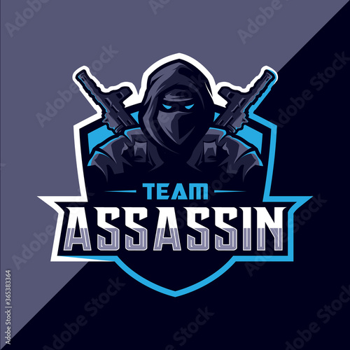 Assassin with gun mascot esport logo design vector