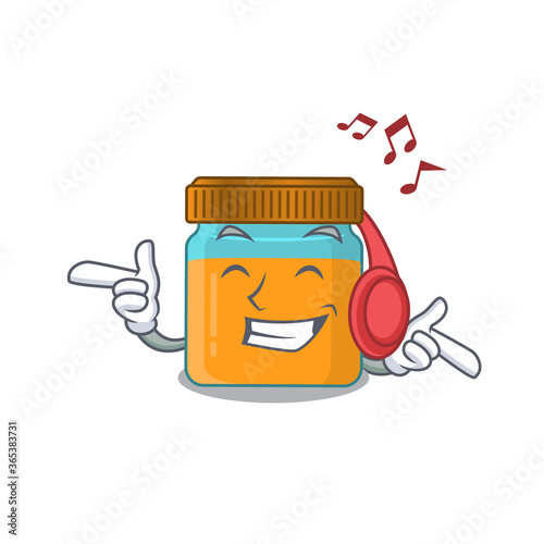 Honey jar Cartoon design concept listening music on headphone