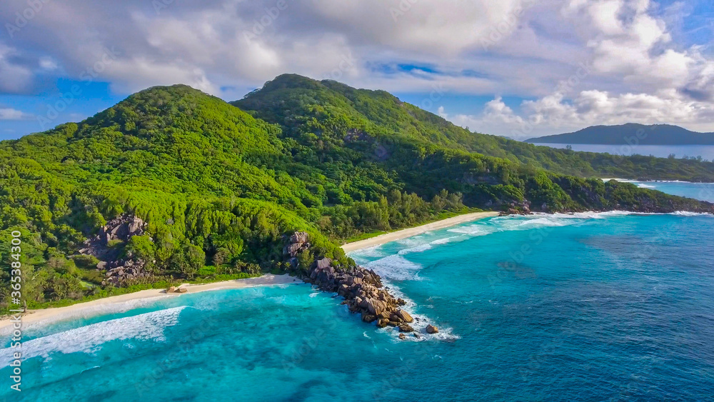 La Digue, Seychelles Island. Amazing aerial view of beach and ocean from a drone
