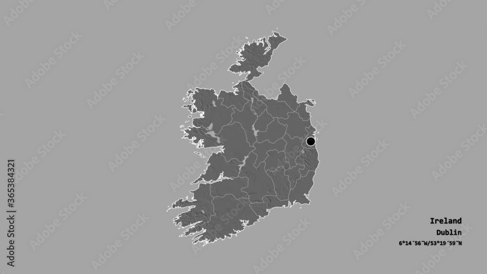 Louth, county of Ireland, with its capital, localized, outlined and zoomed with informative overlays on a bilevel map in the Stereographic projection. Animation 3D