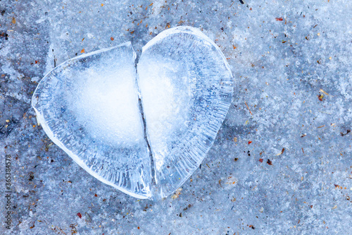 Broken ice heart close-up on nature
