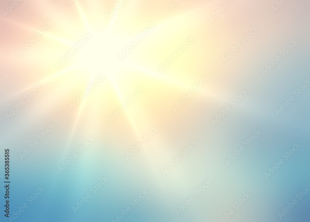 Bright sun rays on sky empty background. Yellow blue gradient blurred texture. 