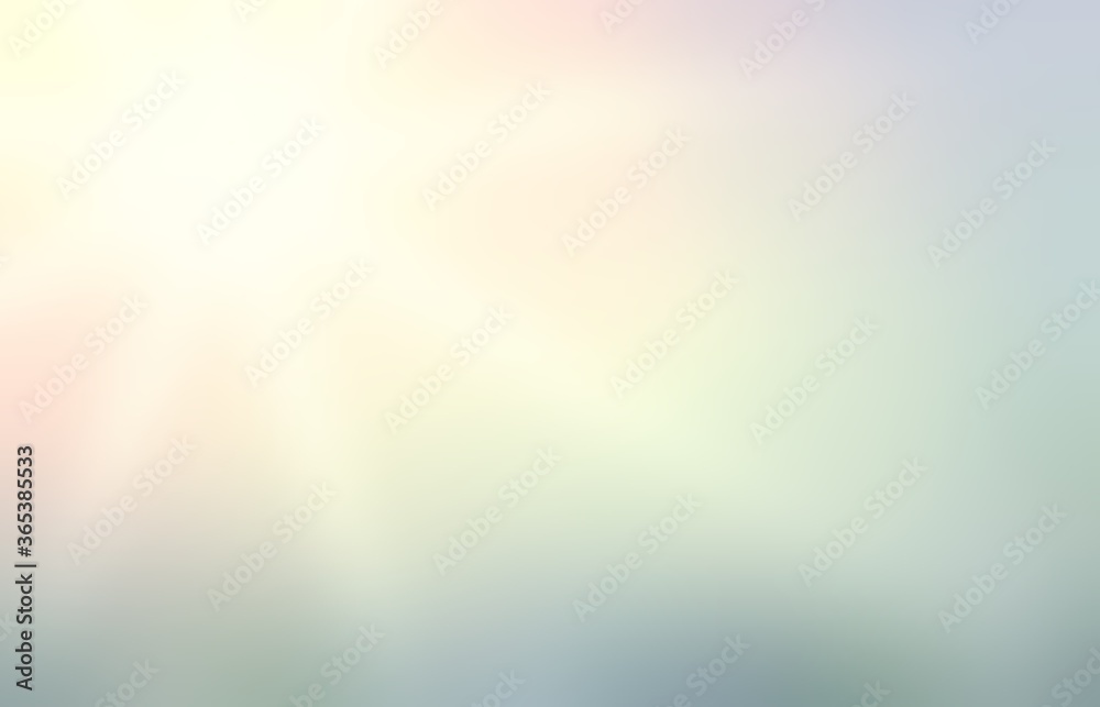 Sun shine on pastel spring empty background. Ombre green yellow pink subtle blurred texture. Natural abstract illustration. Defocused rays pattern.