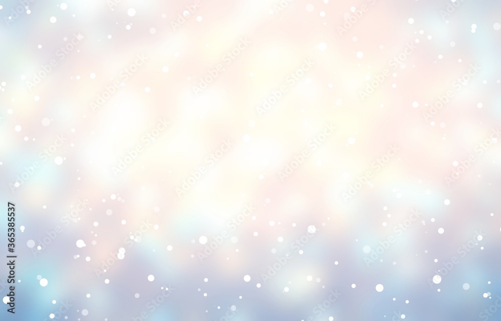 Light snow blurred texture. Pastel pink blue white background. Bright empty winter backdrop.