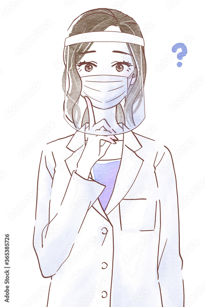 白衣を着てフェイスシールドとマスクを付けて疑問に思う若い女性 白衣を着てフェイスシールドとマスクを付けて疑問に思う若い女性