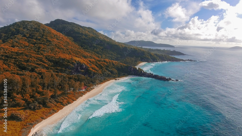 La Digue, Seychelles Island. Amazing aerial view of beach and ocean from a drone