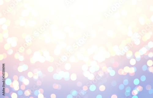 Iridescent glitter empty background. Christmas festive glare texture. New Year bokeh pattern. Pastel pink blue lilac yellow gradient. Shiny sparkles swirling in air.