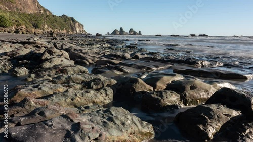 Time Lapse of Motukiekie beach and sea stacks on the West Coast of New Zealand