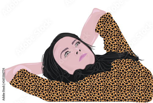 Beautiful Lady laying and relaxing Illustration, vector, ready to use. Attractive woman with black hair Illustration art with animal print cloth. White Background.