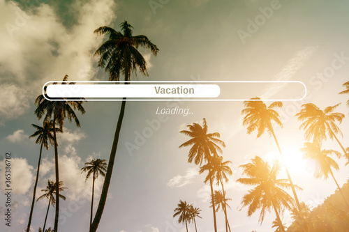 Weekend vacation loading qoute on nature sunset Tropical palm travel tourism season concept. © ant