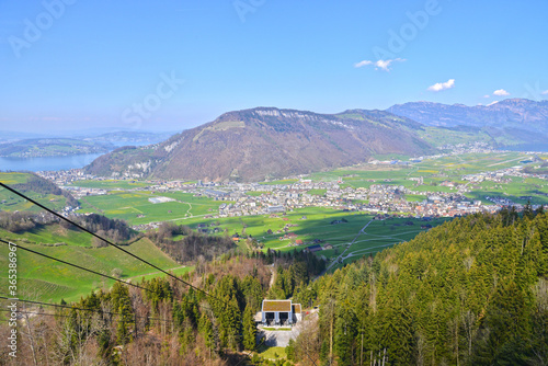 View of the stans town and mountain from Stanserhorn Cabrio cable car