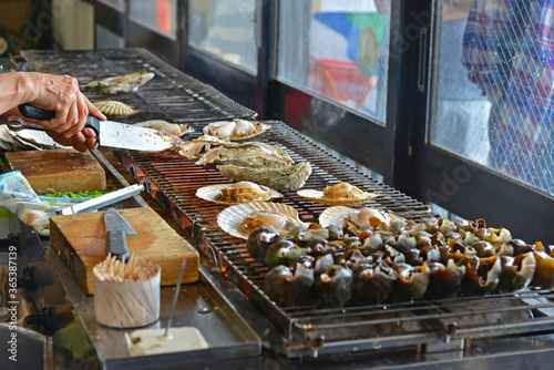 Grilled seafood in a famous japanese restaurant in Otaru