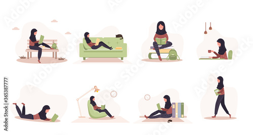 Books lovers. Arab reading women holding books. Preparing for examination or certification. Knowledge and education library concept, literature readers. Set of vector illustration in flat style.