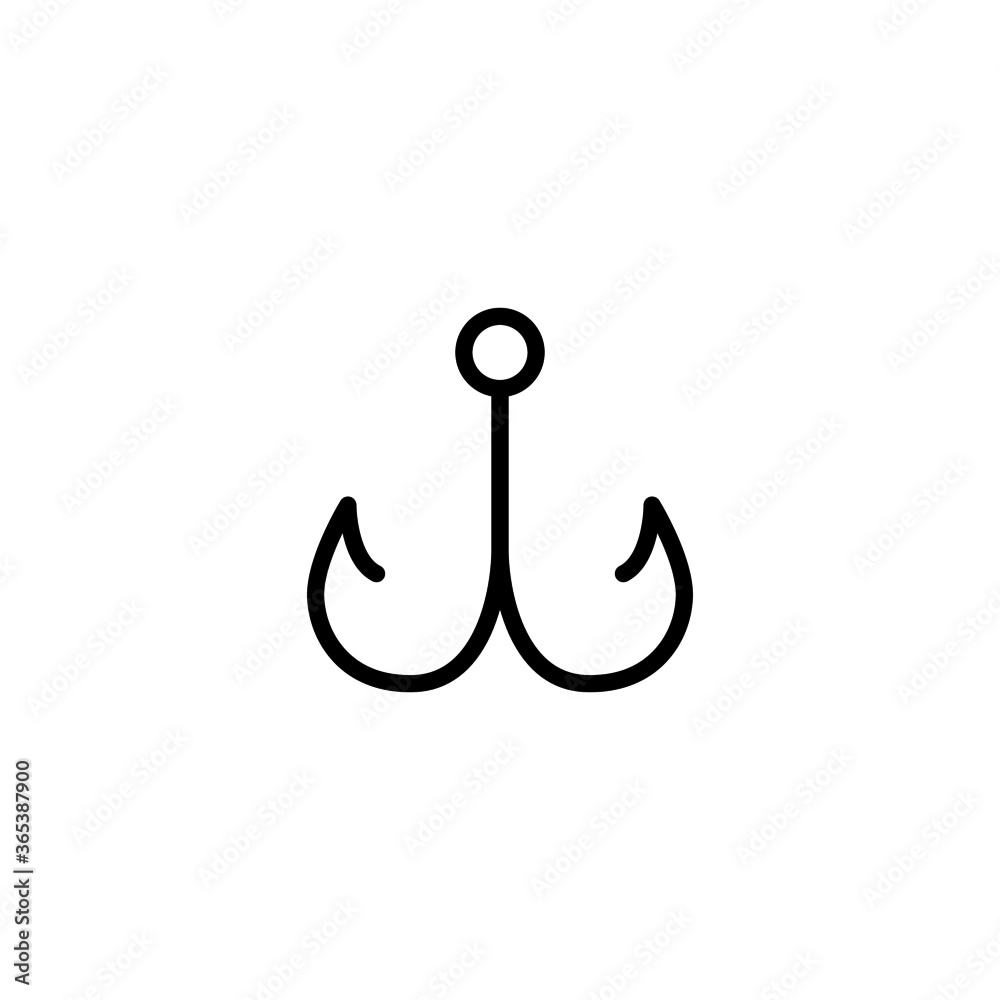 Fishing hook icon in black flat glyph, filled style isolated on white background