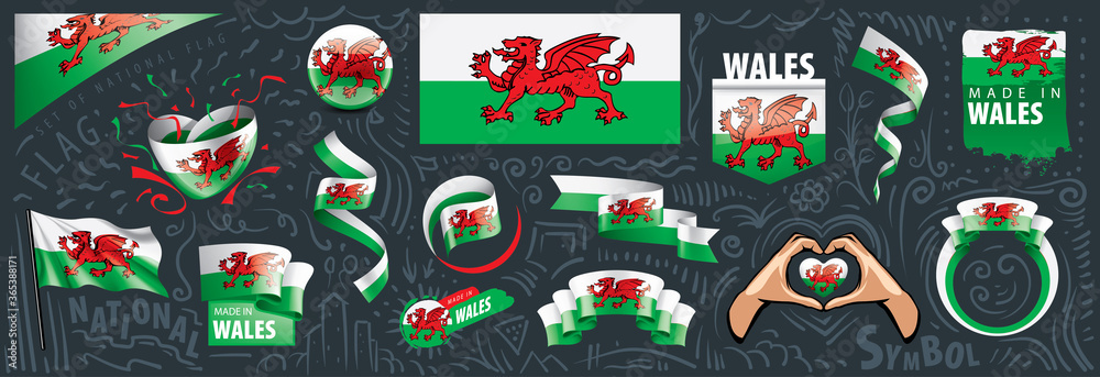 Obraz premium Vector set of the national flag of Wales in various creative designs