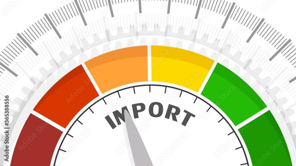 Import level scale with arrow. The measuring device. Sign tachometer, speedometer, indicators. Infographic gauge element. Import level scale with arrow. The measuring device. Sign tachometer, speedometer, indicators. Infographic gauge element.