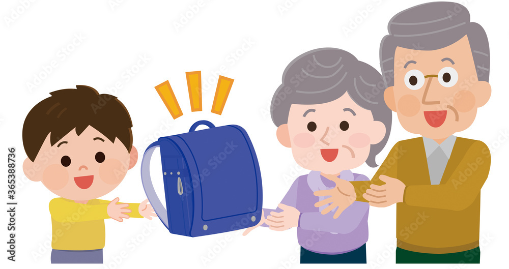 ランドセルを贈る祖父母と男の子　イラスト