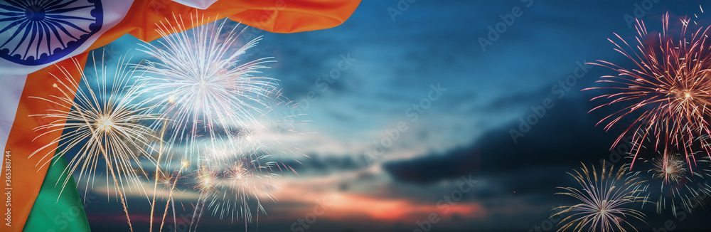 Celebration colorful firework on india flag pattern on sky background concept indian 15 august republic independence day, symbol of nepal freedom culture and democracy in  festive celebration travel