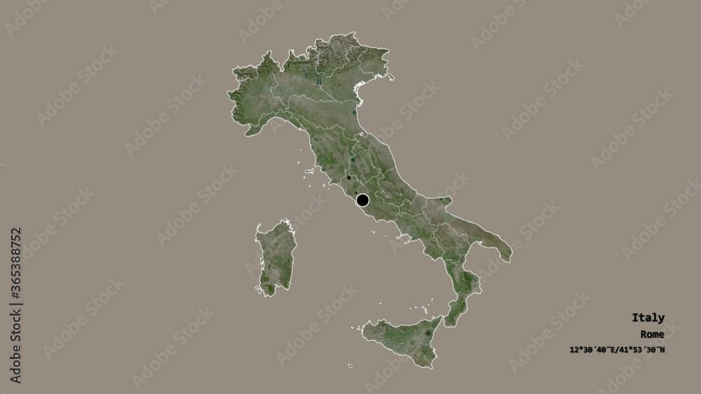 Abruzzo, region of Italy, with its capital, localized, outlined and zoomed with informative overlays on a satellite map in the Stereographic projection. Animation 3D Abruzzo, region of Italy, with its capital, localized, outlined and zoomed with informative overlays on a satellite map in the Stereographic projection. Animation 3D