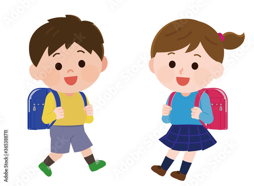 ランドセルを背負って嬉しそうな小学生低学年男女　私服　イラスト
