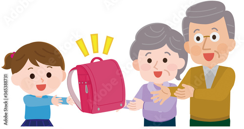 ランドセルを贈る祖父母と女の子　イラスト
