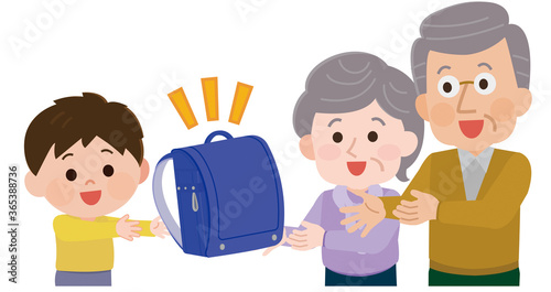 ランドセルを贈る祖父母と男の子　イラスト