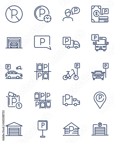 Parking line icons set. Car parked at road sign, parking lot, garage, valet, app, places for parking bike, bus and truck. Vector illustrations for city transport, transportation, driving concepts