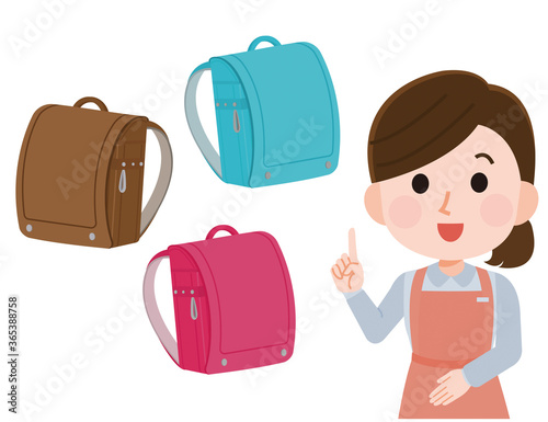 ランドセルを案内する　女性の店員　イラスト