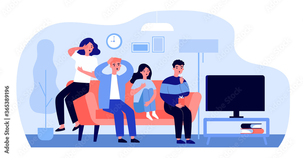 Group of friends watching scary movie flat illustration. Cartoon people sitting at sofa together and watching horror via TV. Friendship and leisure concept.