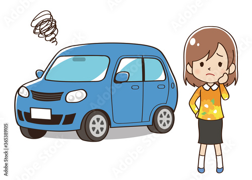 青い自動車が故障して困っている女性