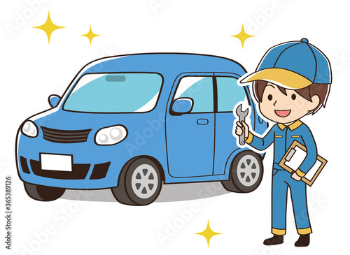 青い自動車のメンテナンスをする整備士