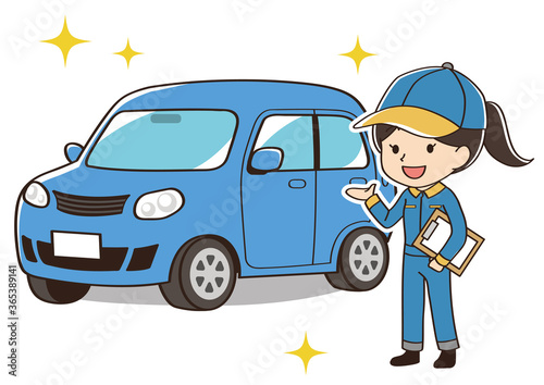 青い自動車のメンテナンスをする整備士