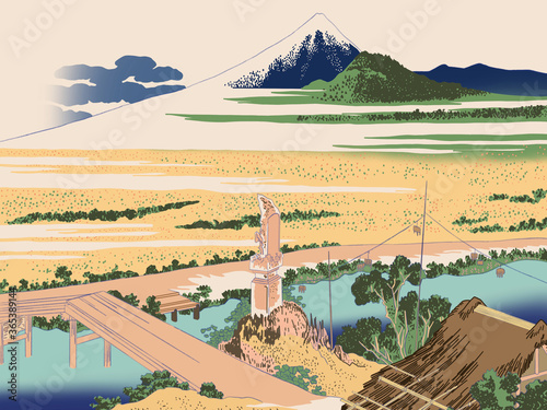 Illustration of colorful Edo period Japanese countryside landscape with Fuji mountain, river and agriculture