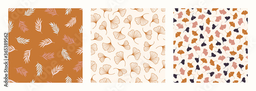 Palm Ginkgo Biloba Leaves Seamless Pattern in a Trendy Minimal Style. Outline of a Tropical palm Background. Vector