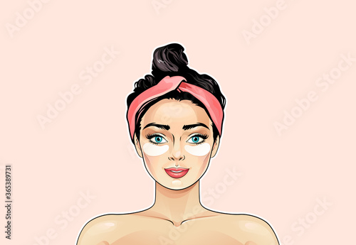 Woman applies collagen eye patches on her face as self care anti aging routine and treatment for dark circles, eye bags vector illustration in pop art style