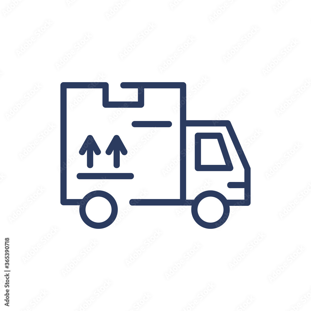 Delivery service van thin line icon. Post, fragile parcel, address isolated outline sign. Vehicle and shipping concept. Vector illustration symbol element for web design and apps