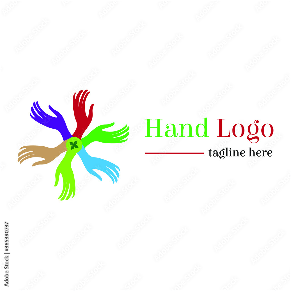 Fototapeta premium Multicoloured Hand based social type crowd or togetherness vector logo illustration with dummy text on white background.
