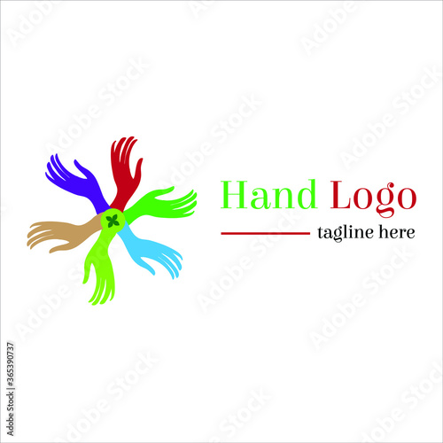 Multicoloured Hand based social type crowd or togetherness vector logo illustration with dummy text on white background.