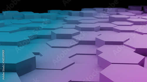 Blue and pink hexagon floor in perspective view(3D Rendering)