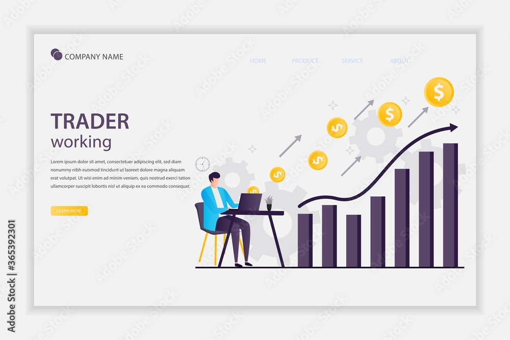 Illustration vector Trader working concept landing page. Businessman or stock market trader working at desk with a monitor showing data. Trader businessman works in financial business data analysis. Illustration vector Trader working concept landing page. Businessman or stock market trader working at desk with a monitor showing data. Trader businessman works in financial business data analysis.