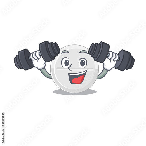 Muscular tablet drug mascot design with barbells during exercise