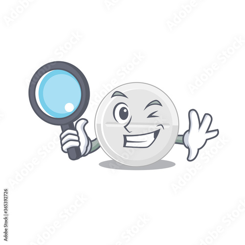 cartoon mascot design of tablet drug super Detective breaking the case using tools