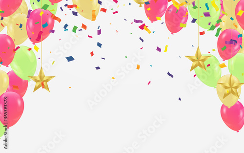 Border of realistic colorful helium balloons isolated on background. Party decoration frame for birthday, anniversary