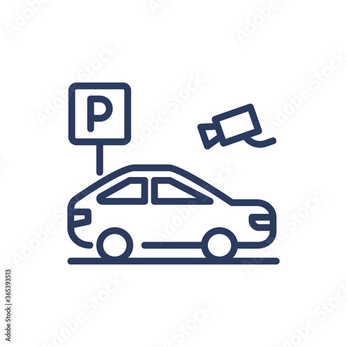 Parking area with surveillance thin line icon. Vehicle, video camera, slot isolated outline sign. Car driving, CCTV monitoring concept. Vector illustration symbol element for web design and apps