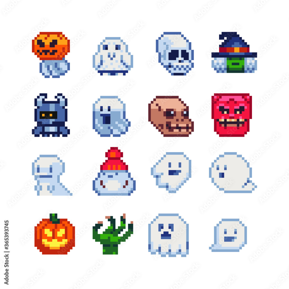 Ghost, 8-bit Abstract characters, funny creatures, pixel art icons set, Happy Halloween, element design for logo, app, web, sticker. Video game sprite. Isolated vector illustration. 