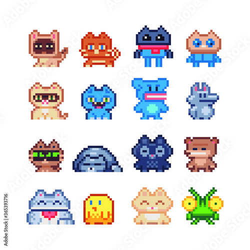 Pixel art cute animals characters icons set, mosaic design, cat, dog, chick, isolated vector illustration. Design for stickers, logo, embroidery and mobile app. Video game assets 8-bit. © thepolovinkin
