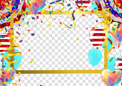 Border of realistic colorful helium balloons isolated on background. Party decoration frame for birthday, anniversary
