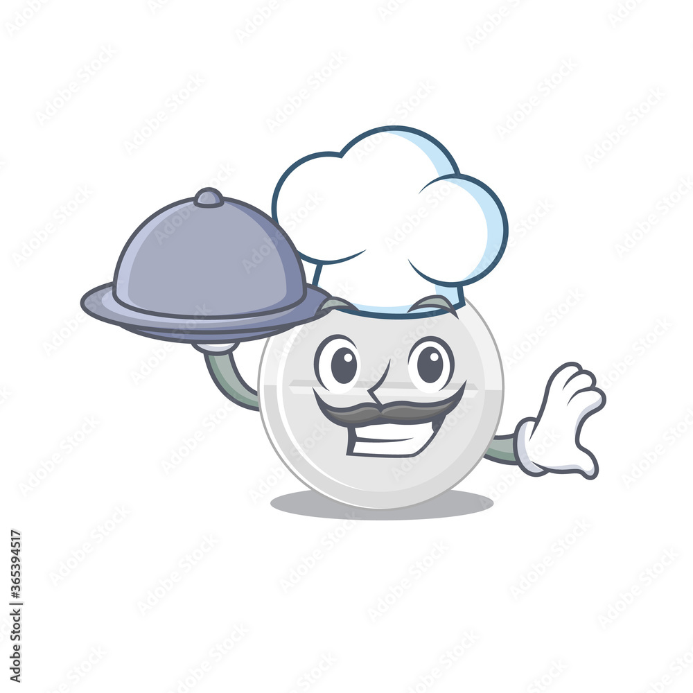 mascot character style of tablet drug chef serving dinner on tray mascot character style of tablet drug chef serving dinner on tray