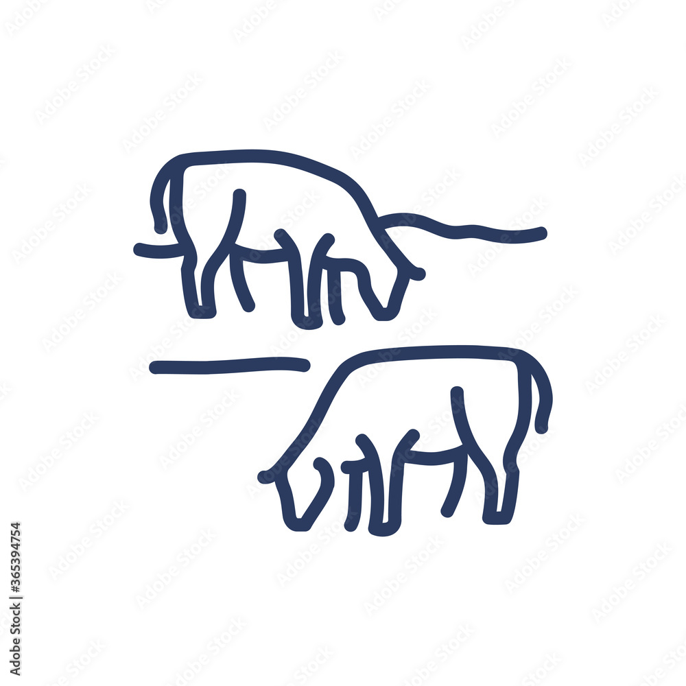 Cows on meadow thin line icon. Grazing, cattle, pasture isolated outline sign. Farming, agriculture, beef and milk production concept. Vector illustration symbol element for web design and apps Cows on meadow thin line icon. Grazing, cattle, pasture isolated outline sign. Farming, agriculture, beef and milk production concept. Vector illustration symbol element for web design and apps