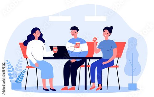 Happy young people drinking coffee together at lunch flat illustration. Meeting of company employees at office for work. Teamwork and communication concept.